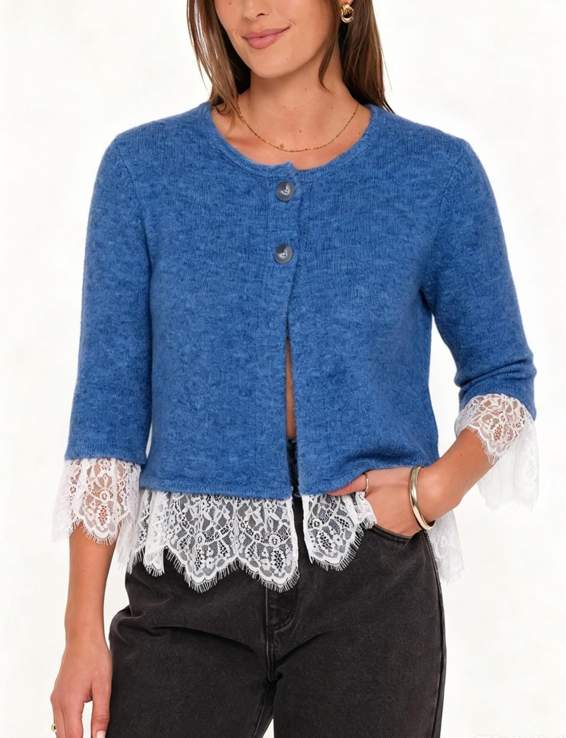 image:imageSpringrain Womens Lace Trim Knit Cardigan Button Down 34 Sleeve Cropped Sweater Spring Fall OutfitsBlue