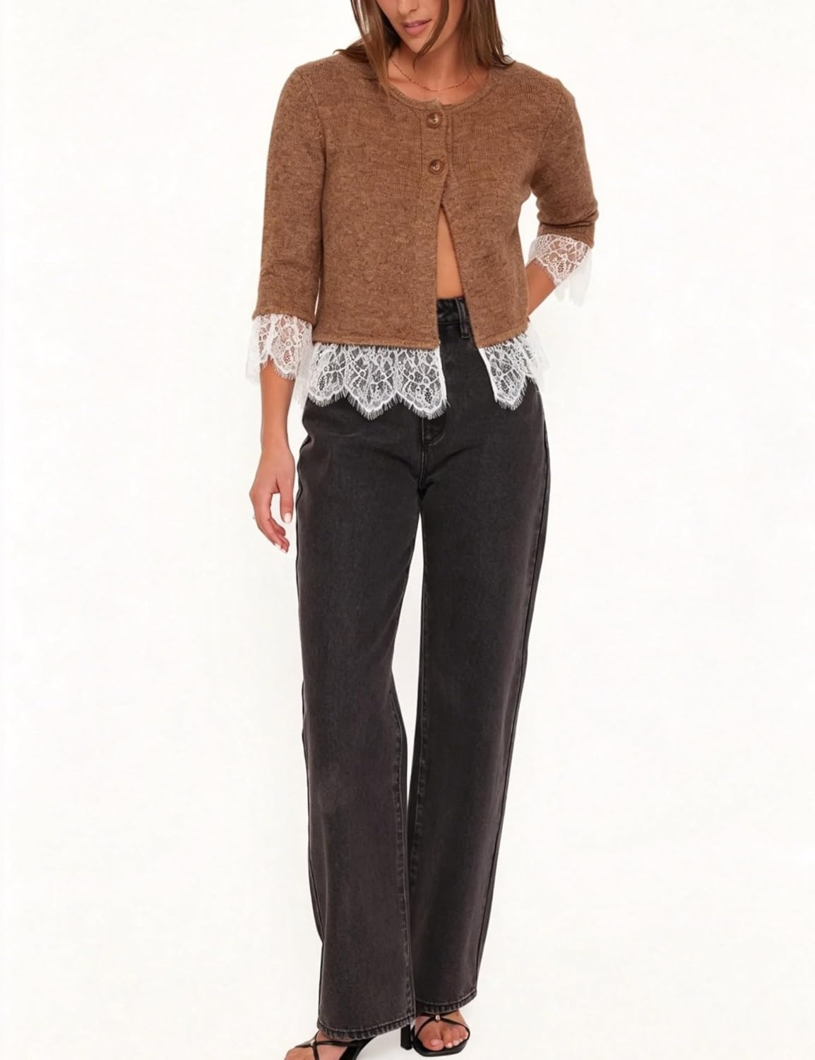 image:imageSpringrain Womens Lace Trim Knit Cardigan Button Down 34 Sleeve Cropped Sweater Spring Fall OutfitsBrown