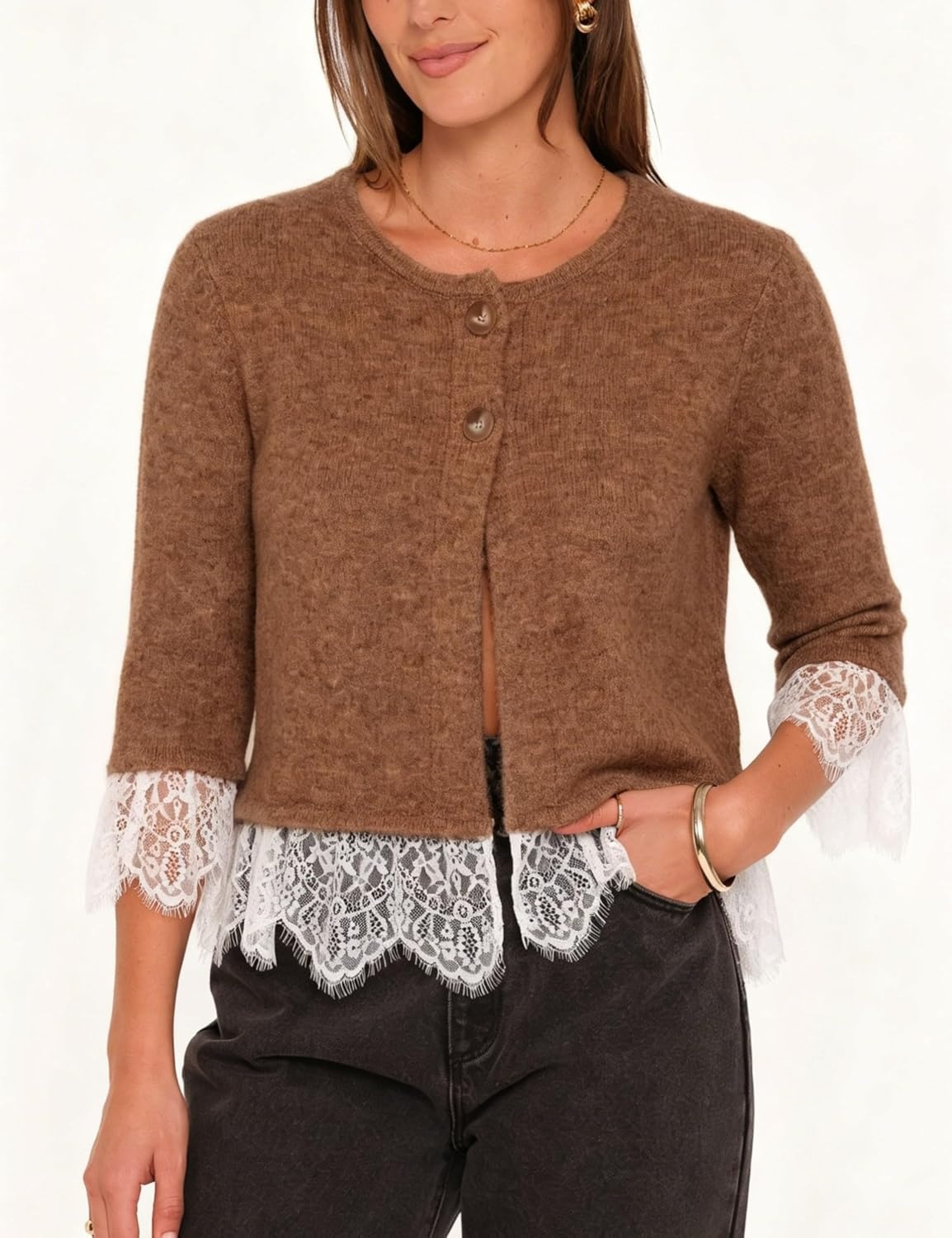 image:imageSpringrain Womens Lace Trim Knit Cardigan Button Down 34 Sleeve Cropped Sweater Spring Fall OutfitsBrown