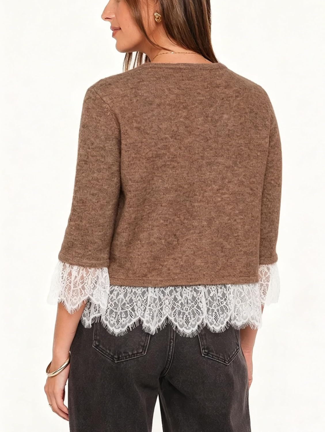 image:imageSpringrain Womens Lace Trim Knit Cardigan Button Down 34 Sleeve Cropped Sweater Spring Fall OutfitsBrown