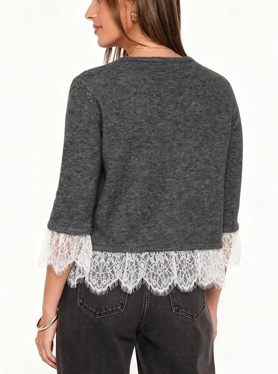 image:imageSpringrain Womens Lace Trim Knit Cardigan Button Down 34 Sleeve Cropped Sweater Spring Fall OutfitsDarkgrey