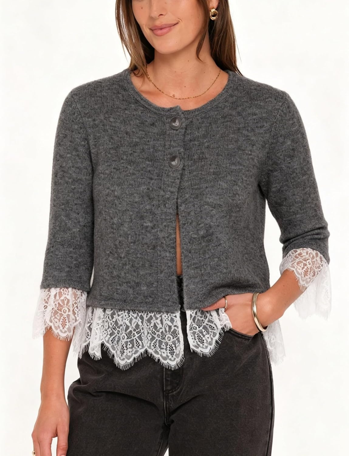 image:imageSpringrain Womens Lace Trim Knit Cardigan Button Down 34 Sleeve Cropped Sweater Spring Fall OutfitsDarkgrey