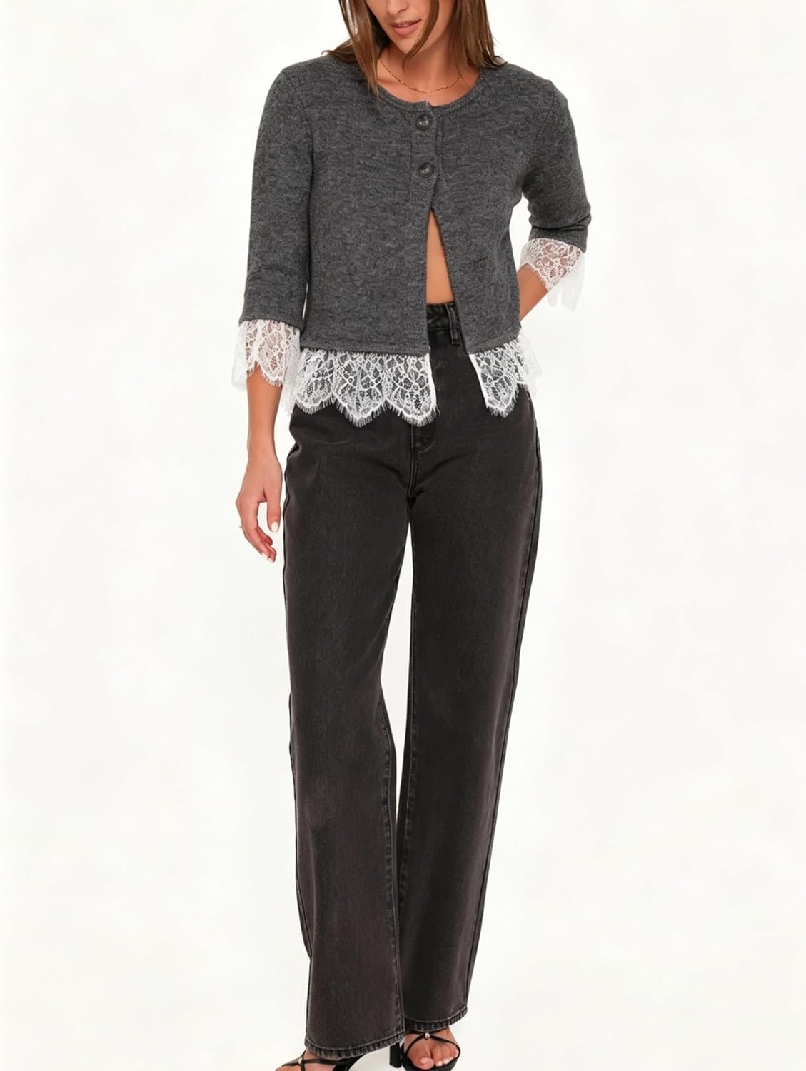 image:imageSpringrain Womens Lace Trim Knit Cardigan Button Down 34 Sleeve Cropped Sweater Spring Fall OutfitsDarkgrey