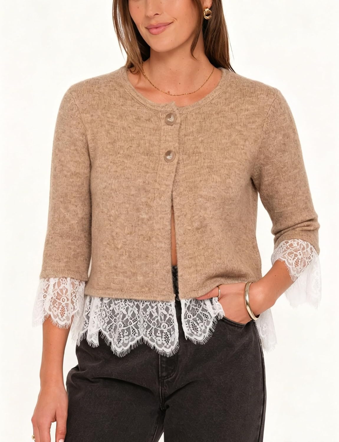 image:imageSpringrain Womens Lace Trim Knit Cardigan Button Down 34 Sleeve Cropped Sweater Spring Fall OutfitsKhaki