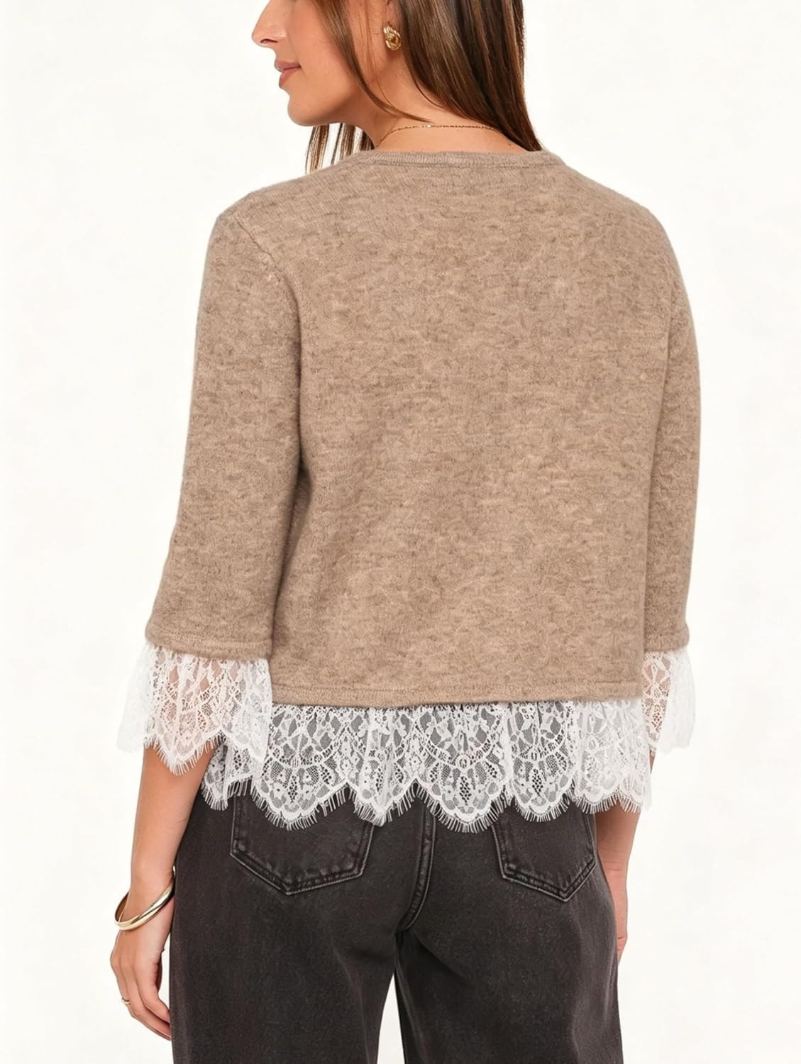 image:imageSpringrain Womens Lace Trim Knit Cardigan Button Down 34 Sleeve Cropped Sweater Spring Fall OutfitsKhaki