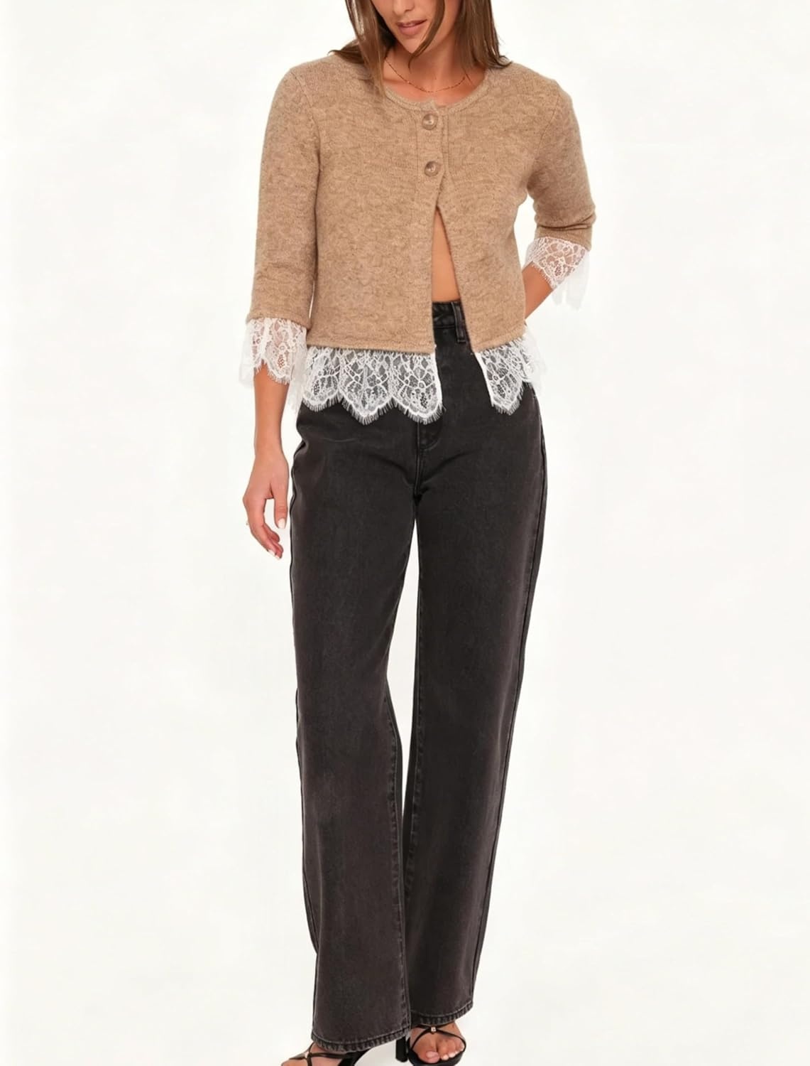 image:imageSpringrain Womens Lace Trim Knit Cardigan Button Down 34 Sleeve Cropped Sweater Spring Fall OutfitsKhaki