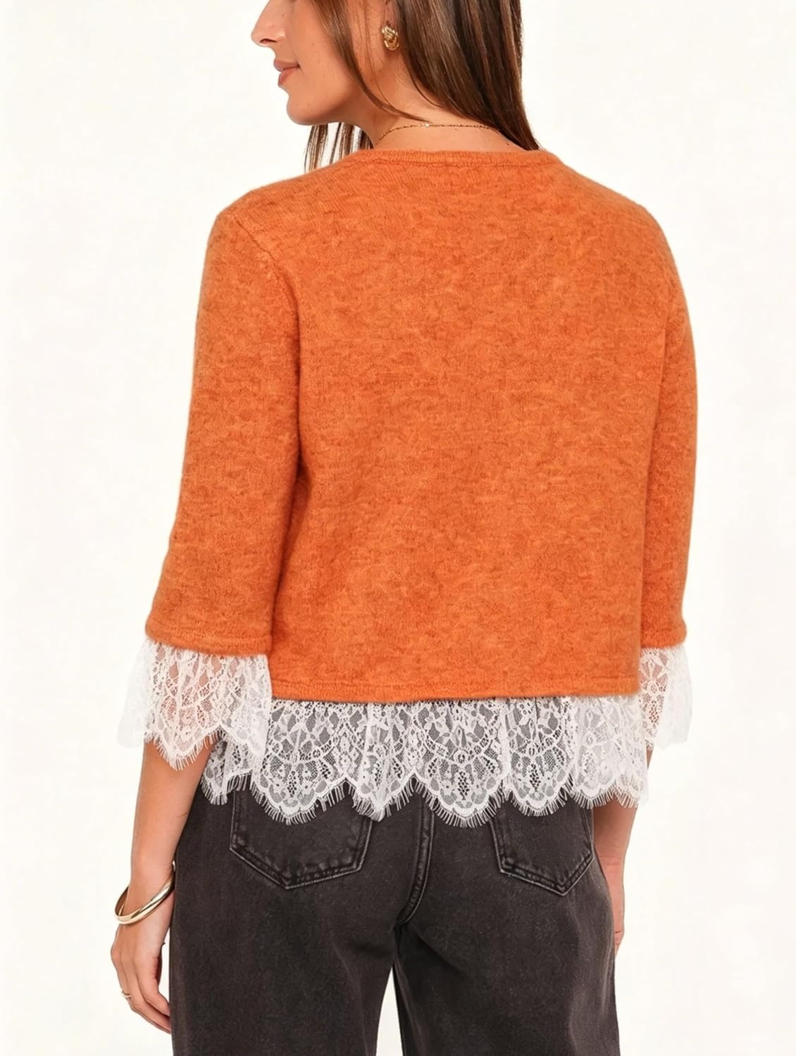 image:imageSpringrain Womens Lace Trim Knit Cardigan Button Down 34 Sleeve Cropped Sweater Spring Fall OutfitsOrange