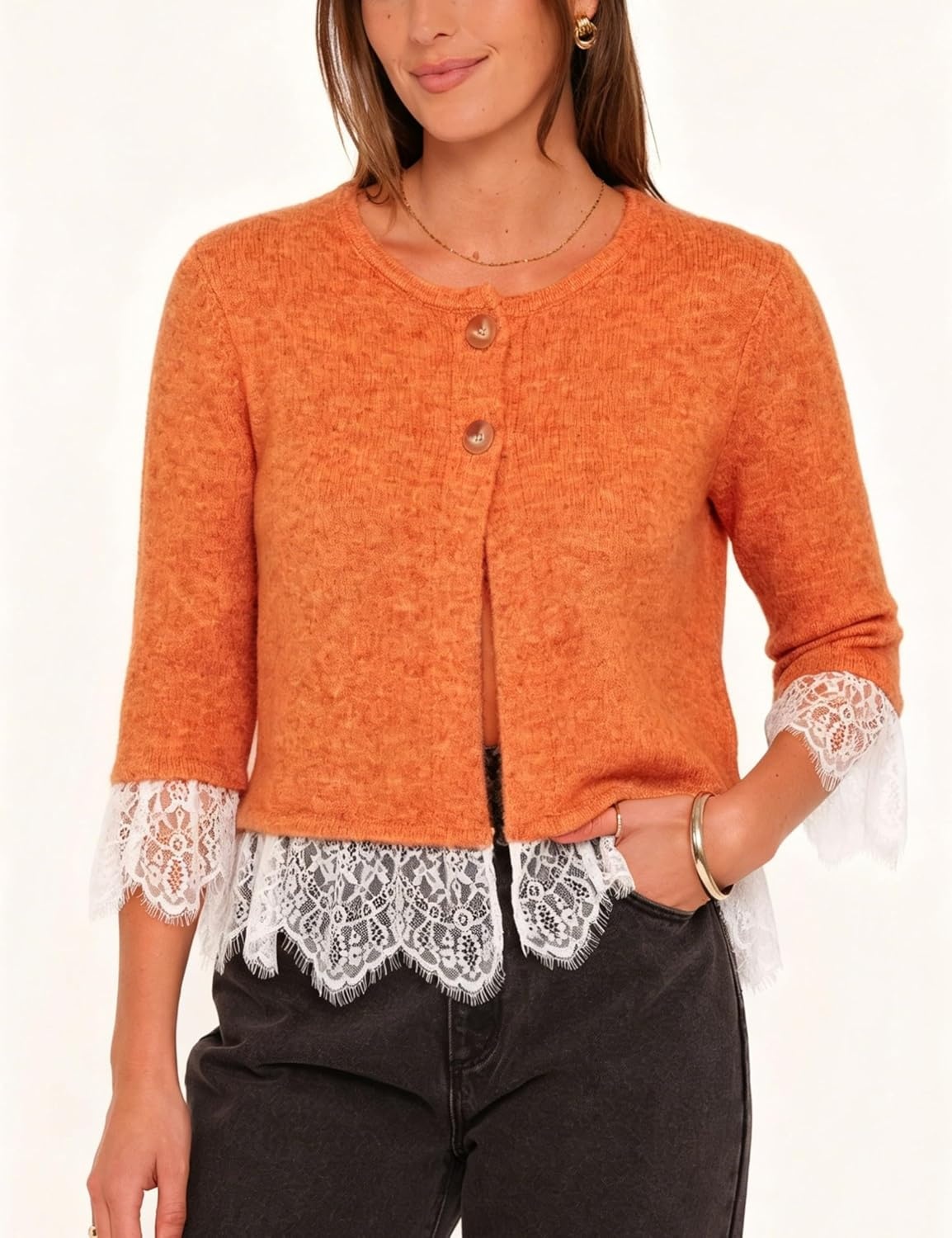 image:imageSpringrain Womens Lace Trim Knit Cardigan Button Down 34 Sleeve Cropped Sweater Spring Fall OutfitsOrange