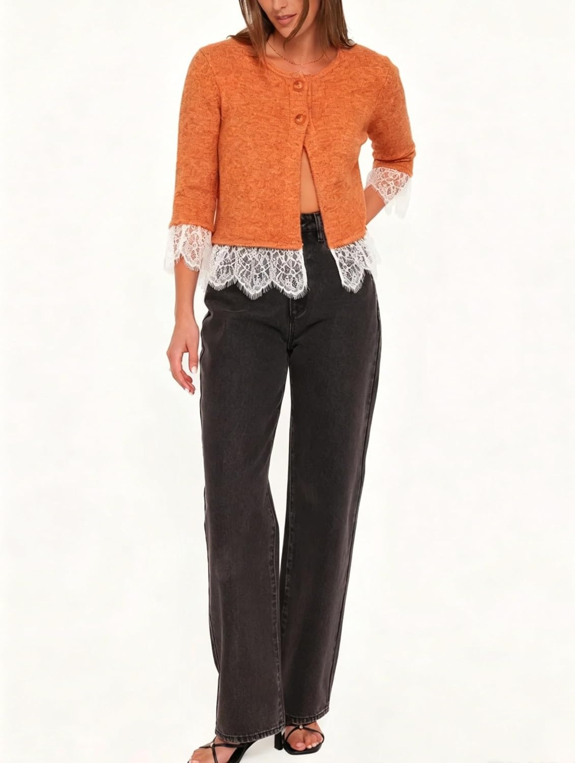image:imageSpringrain Womens Lace Trim Knit Cardigan Button Down 34 Sleeve Cropped Sweater Spring Fall OutfitsOrange