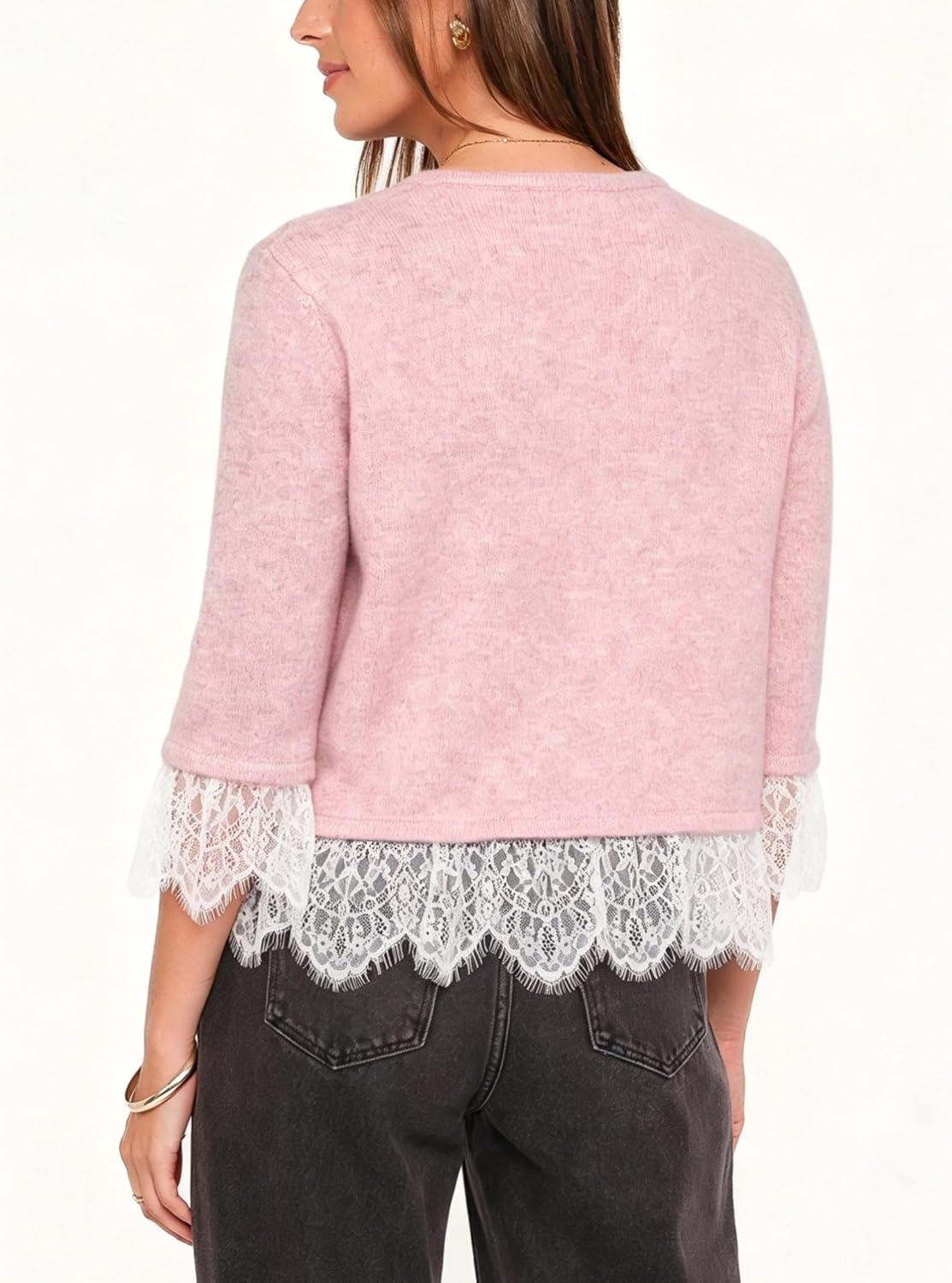 image:imageSpringrain Womens Lace Trim Knit Cardigan Button Down 34 Sleeve Cropped Sweater Spring Fall OutfitsPink