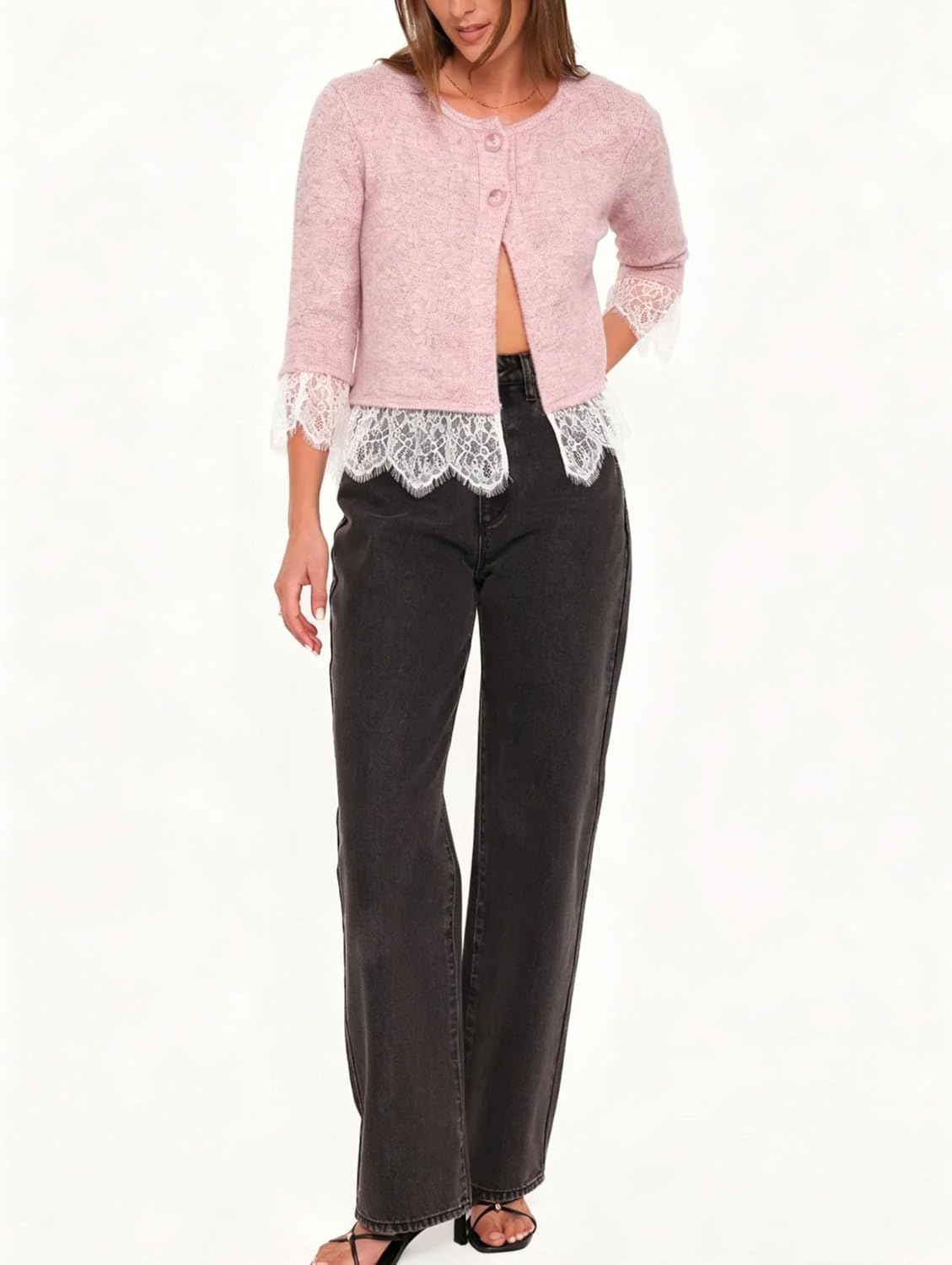 image:imageSpringrain Womens Lace Trim Knit Cardigan Button Down 34 Sleeve Cropped Sweater Spring Fall OutfitsPink