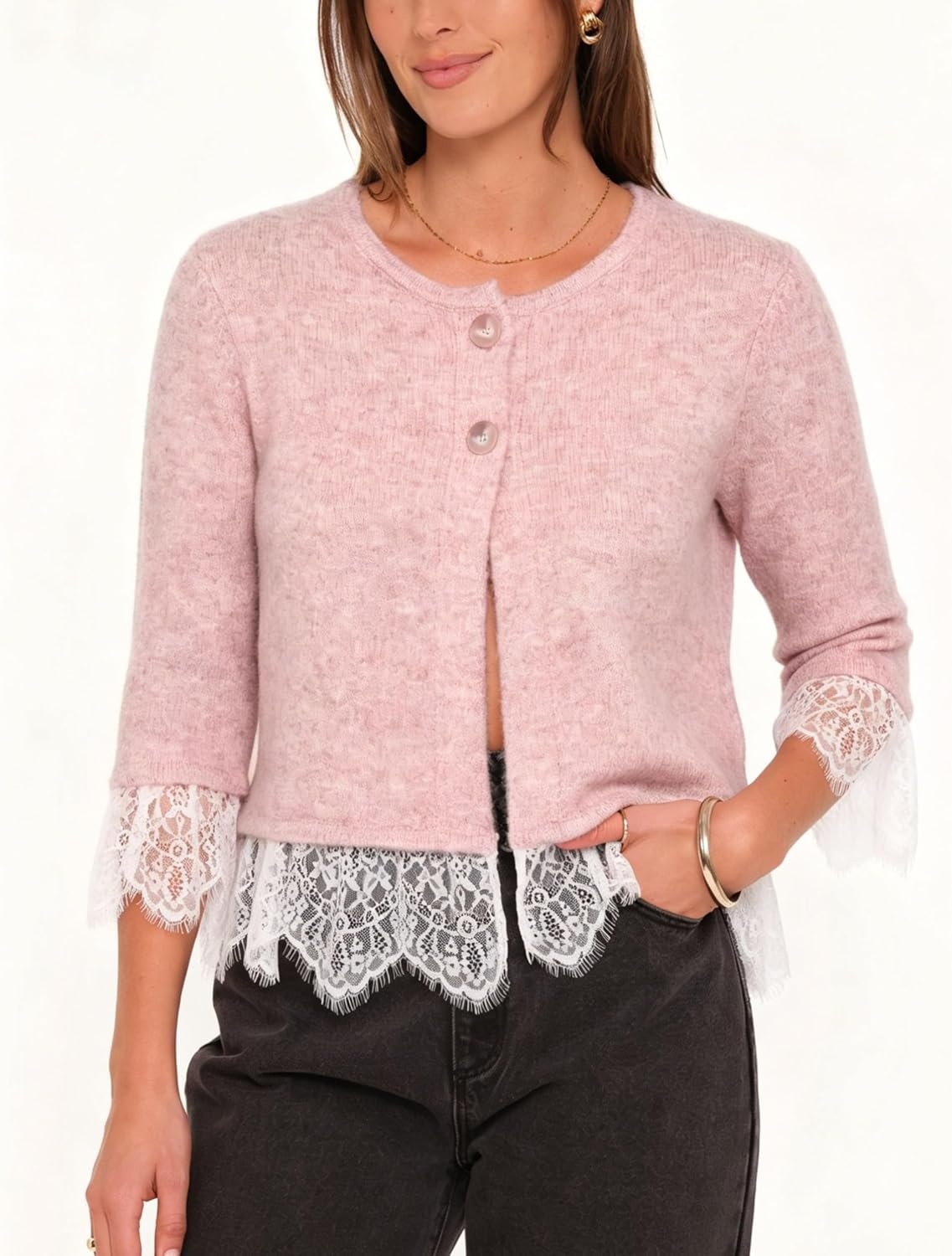 image:imageSpringrain Womens Lace Trim Knit Cardigan Button Down 34 Sleeve Cropped Sweater Spring Fall OutfitsPink