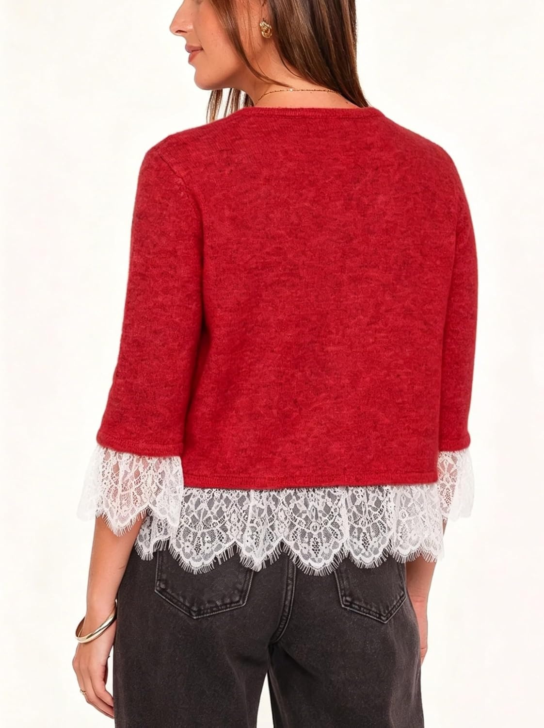 image:imageSpringrain Womens Lace Trim Knit Cardigan Button Down 34 Sleeve Cropped Sweater Spring Fall OutfitsRed