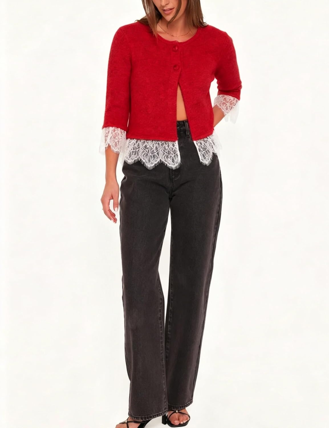 image:imageSpringrain Womens Lace Trim Knit Cardigan Button Down 34 Sleeve Cropped Sweater Spring Fall OutfitsRed