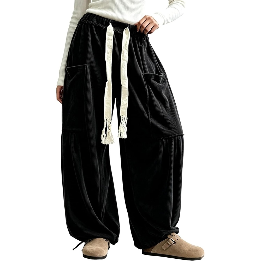 image:imageSpringrain Women Corduroy Baggy Wide Leg Pants Drawstring Harem PantsBlack