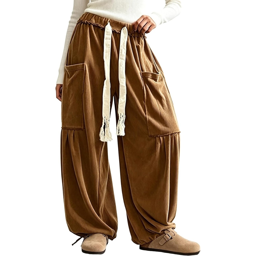 image:imageSpringrain Women Corduroy Baggy Wide Leg Pants Drawstring Harem PantsBrown