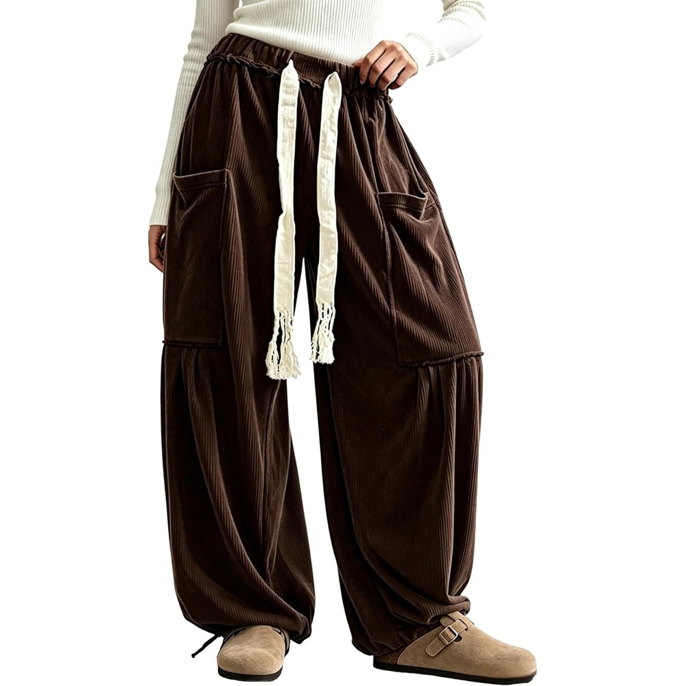 image:imageSpringrain Women Corduroy Baggy Wide Leg Pants Drawstring Harem PantsCoffee