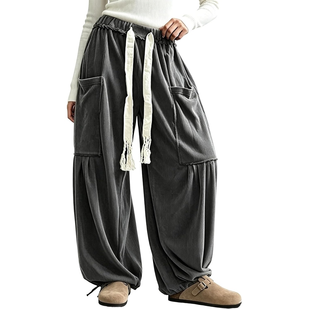 image:imageSpringrain Women Corduroy Baggy Wide Leg Pants Drawstring Harem PantsDarkgrey