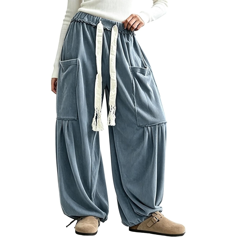 image:imageSpringrain Women Corduroy Baggy Wide Leg Pants Drawstring Harem PantsDustyblue