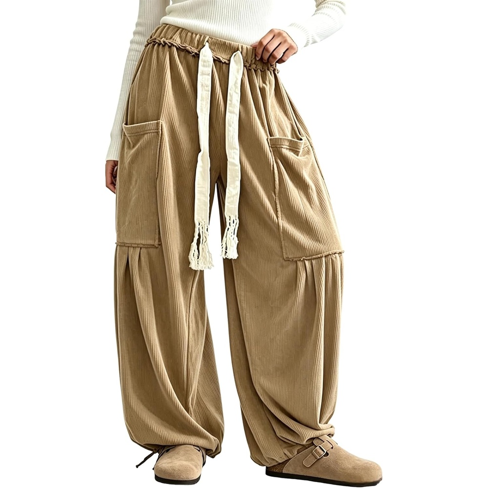 image:imageSpringrain Women Corduroy Baggy Wide Leg Pants Drawstring Harem PantsKhaki