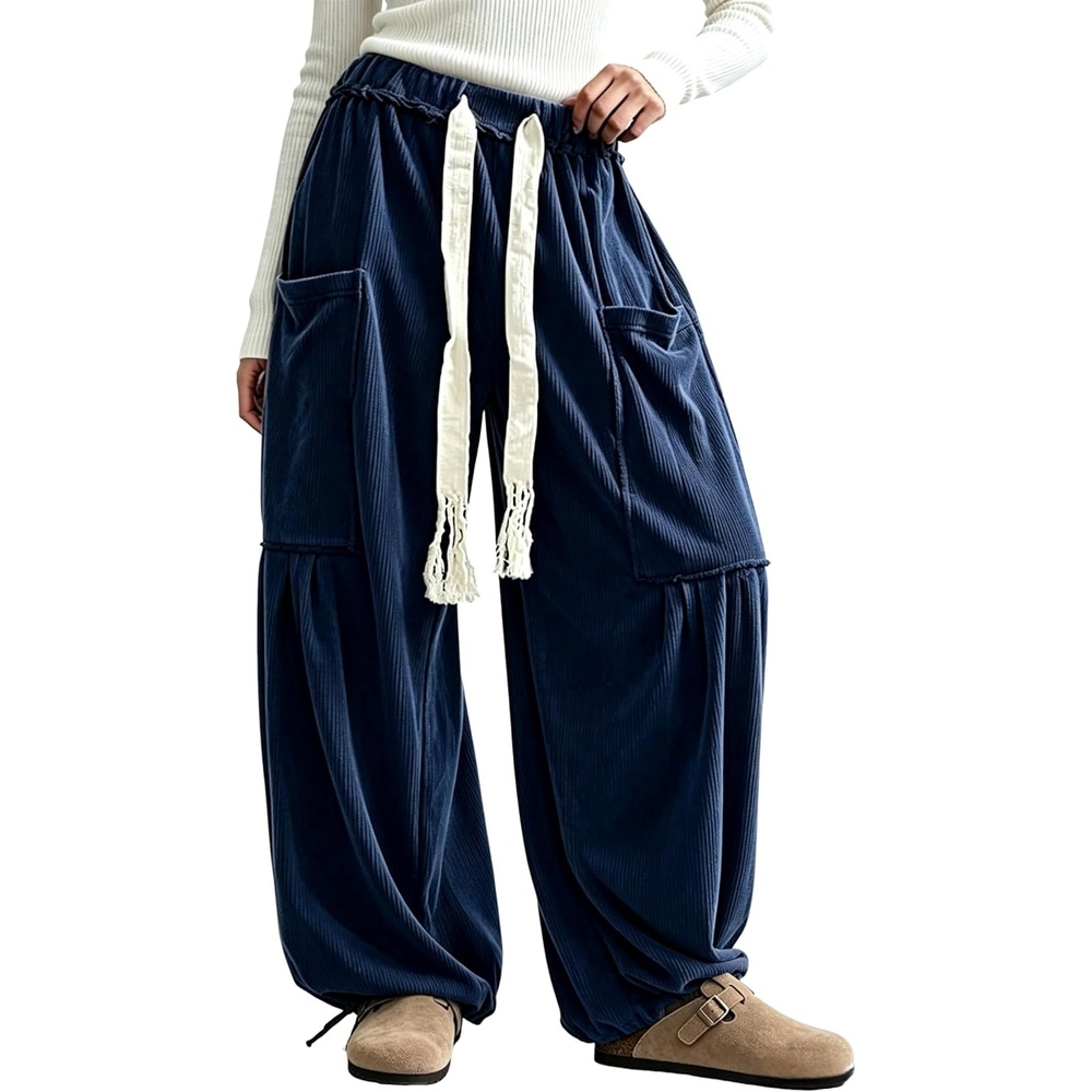 image:imageSpringrain Women Corduroy Baggy Wide Leg Pants Drawstring Harem PantsNavy