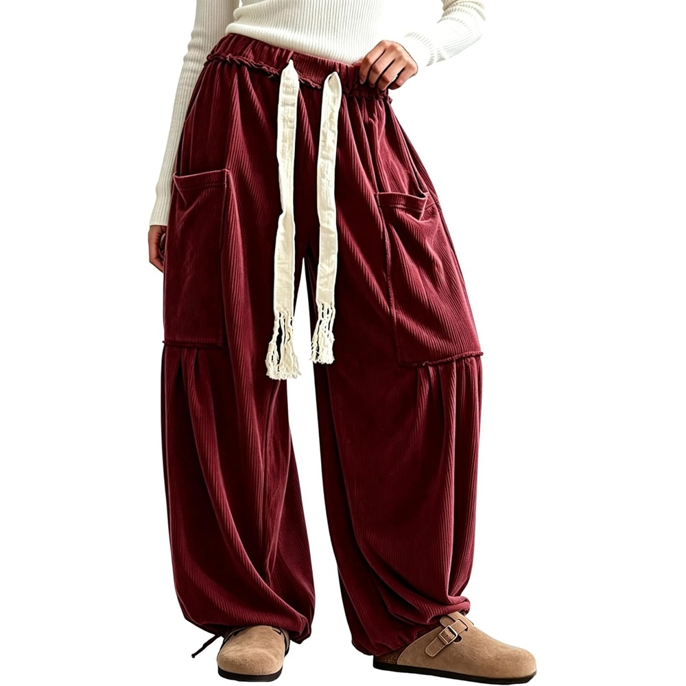 image:imageSpringrain Women Corduroy Baggy Wide Leg Pants Drawstring Harem PantsWinered