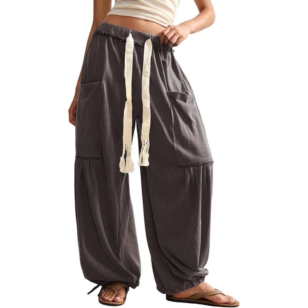 image:imageSpringrain Womens Baggy Wide Leg Pants Casual Drawstring Harem Pants Bohemian Trousers with Big PocketsDarktaupe