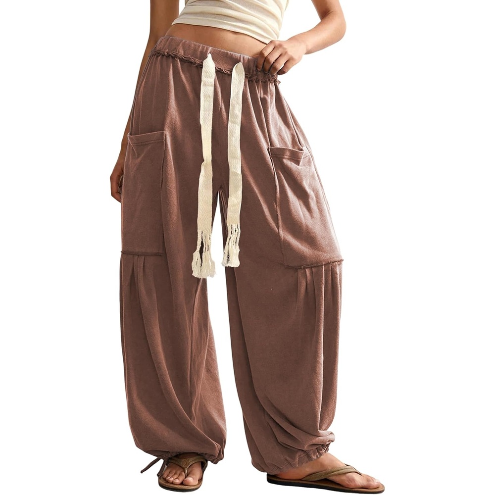 image:imageSpringrain Womens Baggy Wide Leg Pants Casual Drawstring Harem Pants Bohemian Trousers with Big PocketsRust