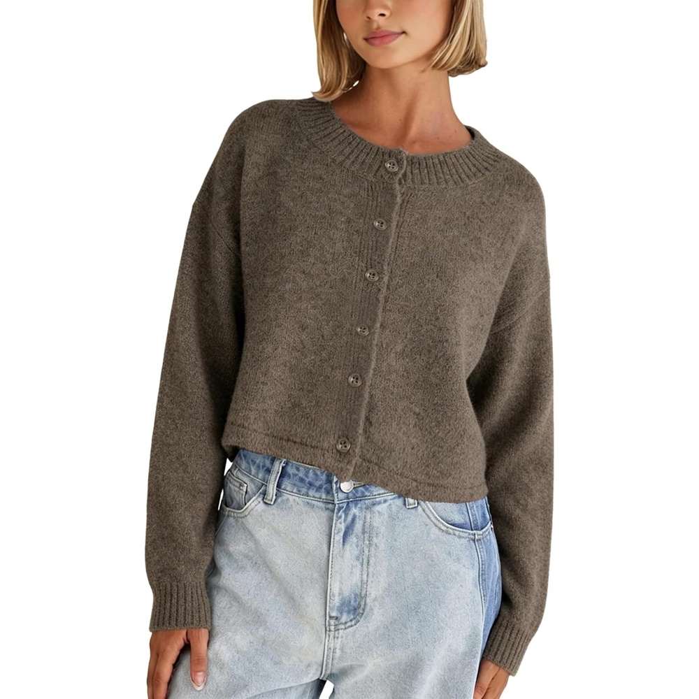 image:imageSpringrain Womens Cropped Knit Cardigan Crew Neck Button Down Long Sleeve Cardigan Sweater for FallCoffee