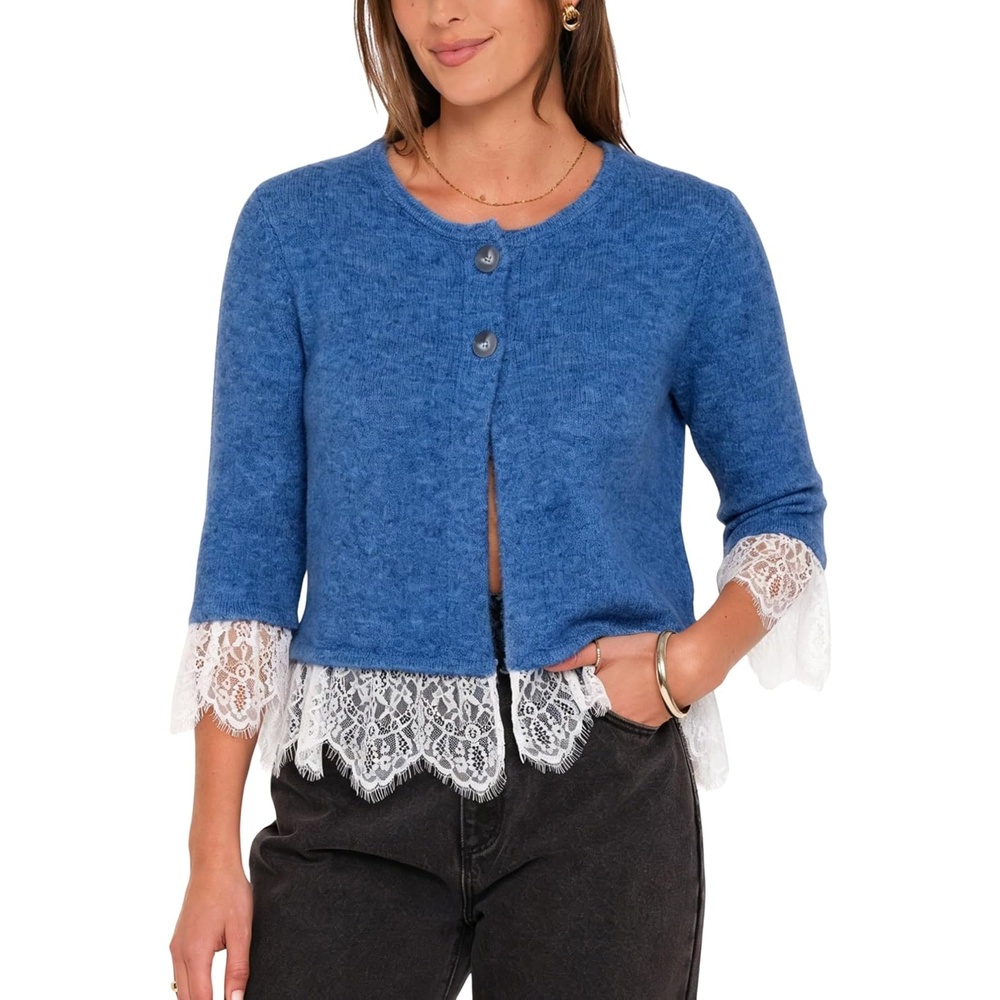 image:imageSpringrain Womens Lace Trim Knit Cardigan Button Down 34 Sleeve Cropped Sweater Spring Fall OutfitsBlue