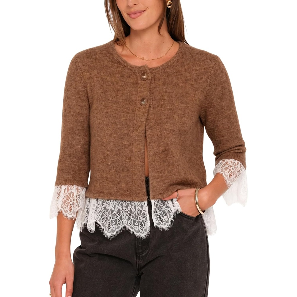 image:imageSpringrain Womens Lace Trim Knit Cardigan Button Down 34 Sleeve Cropped Sweater Spring Fall OutfitsBrown