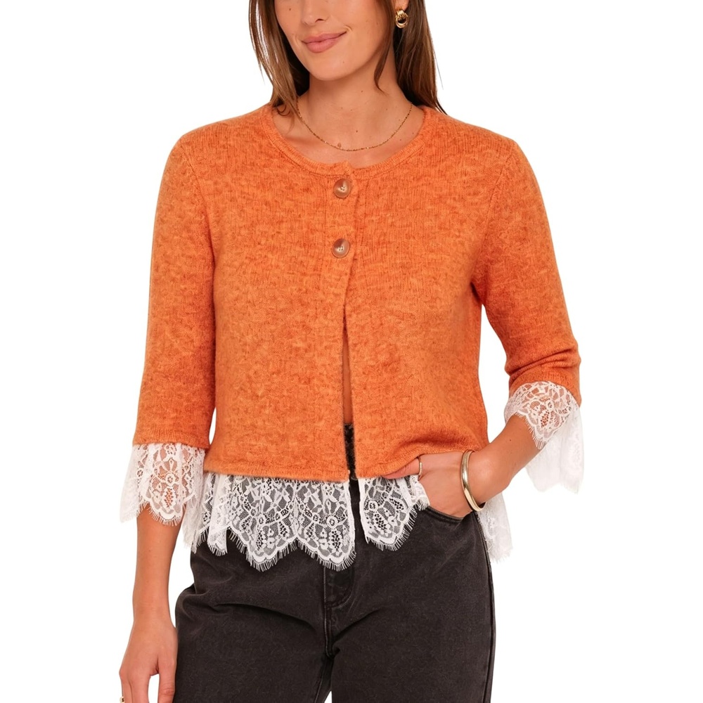 image:imageSpringrain Womens Lace Trim Knit Cardigan Button Down 34 Sleeve Cropped Sweater Spring Fall OutfitsOrange