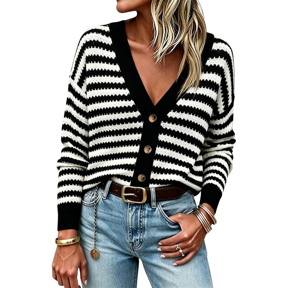 image:imageSpringrain Womens Striped Crochet Long Sleeve Knit Cardigan V Neck Button Down Sweater for Spring FallBlack