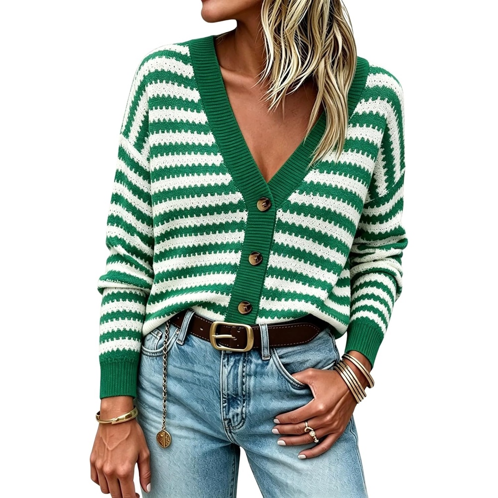 image:imageSpringrain Womens Striped Crochet Long Sleeve Knit Cardigan V Neck Button Down Sweater for Spring FallGreen