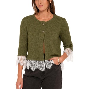 Springrain Women’s Lace Trim Knit Cardigan Button Down 3/4 Sleeve Cropped Sweater Spring Fall Outfits(Armygreen)