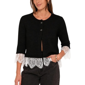 Springrain Women’s Lace Trim Knit Cardigan Button Down 3/4 Sleeve Cropped Sweater Spring Fall Outfits(Black)