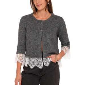 Springrain Women’s Lace Trim Knit Cardigan Button Down 3/4 Sleeve Cropped Sweater Spring Fall Outfits(Darkgrey)