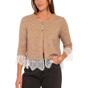 Springrain Women’s Lace Trim Knit Cardigan Button Down 3/4 Sleeve Cropped Sweater Spring Fall Outfits(Khaki)