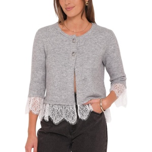Springrain Women’s Lace Trim Knit Cardigan Button Down 3/4 Sleeve Cropped Sweater Spring Fall Outfits(Lightgrey)