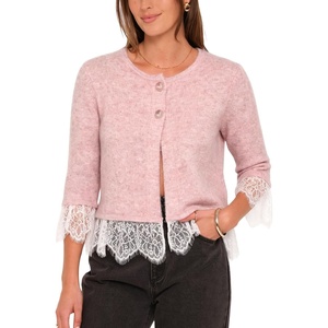 Springrain Women’s Lace Trim Knit Cardigan Button Down 3/4 Sleeve Cropped Sweater Spring Fall Outfits(Pink)