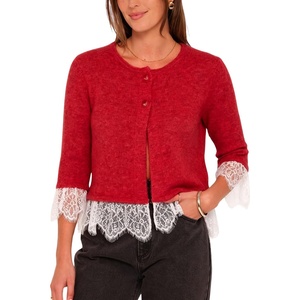 Springrain Women’s Lace Trim Knit Cardigan Button Down 3/4 Sleeve Cropped Sweater Spring Fall Outfits(Red)