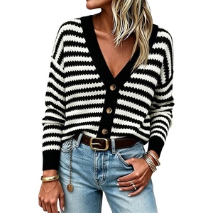 Springrain Women’s Striped Crochet Long Sleeve Knit Cardigan V Neck Button Down Sweater for Spring Fall(Black)