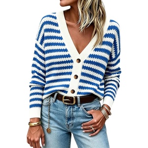Springrain Women’s Striped Crochet Long Sleeve Knit Cardigan V Neck Button Down Sweater for Spring Fall(Blue)