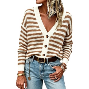 Springrain Women’s Striped Crochet Long Sleeve Knit Cardigan V Neck Button Down Sweater for Spring Fall(Brown)
