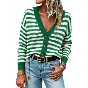 Springrain Women’s Striped Crochet Long Sleeve Knit Cardigan V Neck Button Down Sweater for Spring Fall(Green)
