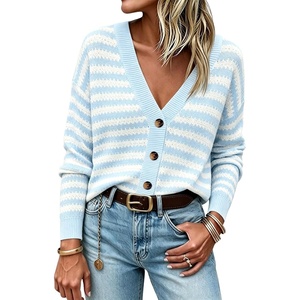 Springrain Women’s Striped Crochet Long Sleeve Knit Cardigan V Neck Button Down Sweater for Spring Fall(Lightblue)