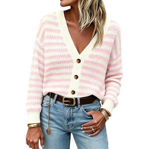 Springrain Women’s Striped Crochet Long Sleeve Knit Cardigan V Neck Button Down Sweater for Spring Fall(Pink)