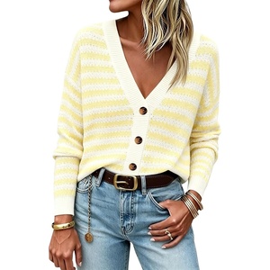 Springrain Women’s Striped Crochet Long Sleeve Knit Cardigan V Neck Button Down Sweater for Spring Fall(Yellow)