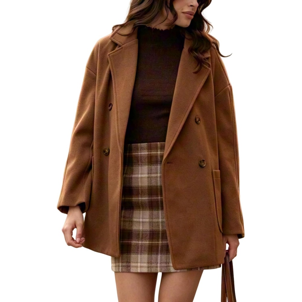image:imageSpringrain Womens Notch Lapel Wool Blend Mid Long Pea Coat  Thick Warm Wool Blend Coat for Fall Winter Double Breasted Buttons and Deep Pockets Fits Home Office and TravelBrown