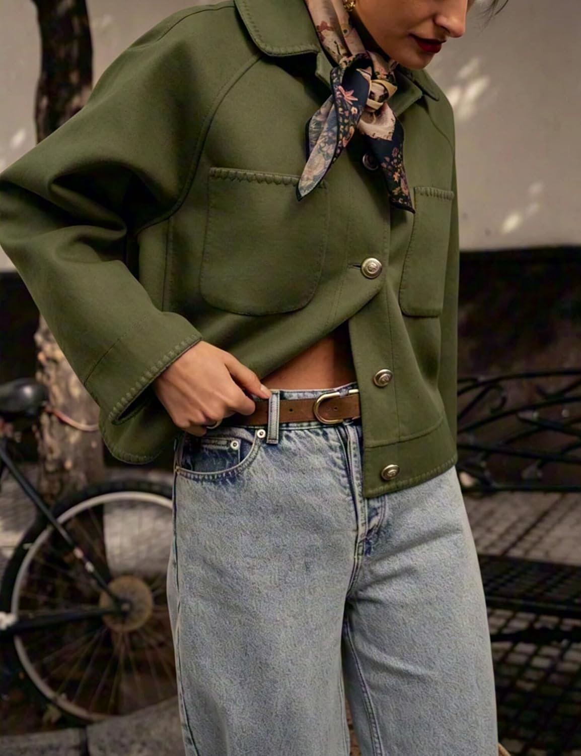 image:imageSpringrain Womens Cropped Wool Blend Lapel Button Pea Coat Jacket Warm Cropped Button up Coat for Fall Winter Delicate Stitch Trim and Lapel Collar Two Patch Pockets for ConvenienceArmygreen